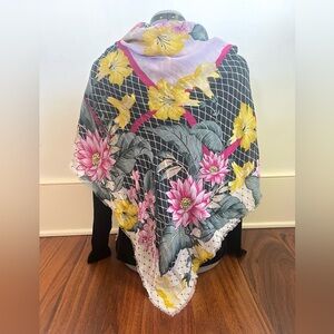 Vintage Silk Scarf Shawl Wrap, 50” Square, Raw Edge, Floral Pink Yellow Lilac